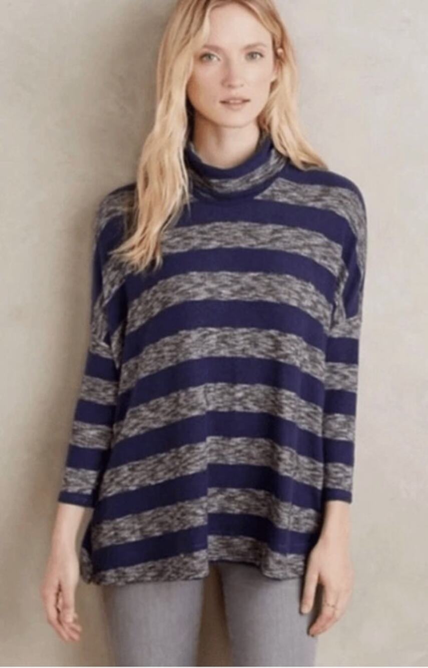 Anthropologie Postmark Women's Blue And Gray Striped Turtle Neck Sweater Small